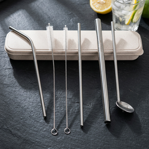 Reusable Metal <b>Drinking</b> <b>Straws</b> Set 5-Pack Minimalist Bar Accessories with Cleaning Brush and Case - Product Image 5