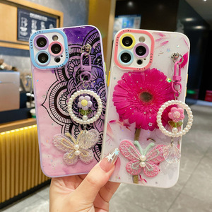 Étui de téléphone esthétique en époxy à paillettes avec fleurs, fait main, avec fonction porte-clés et portefeuille, antichoc, étanche, couleur personnalisable, pour femmes - Product Image 5