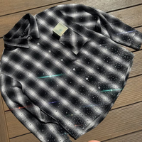 Personnalisé Vintage 100% Coton Flanelle Plaid T-Shirt Caractère Streetwear Strass Artisanat Col Montant Boxy Lourd Chemise Unisexe