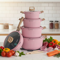 Ensemble de casseroles et poêles en aluminium moulé sous pression rose cannelé de luxe, 15 pièces, revêtement céramique antiadhésif, avec poignées à motif bois
