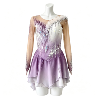 Robe de patinage artistique pour femmes et filles, dégradé violet, strass, maille, manches longues, compétition de patinage sur glace, tenue de performance personnalisée