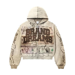 Custom Vintage Distressed ACID Washed Embroidery Logo Print Streetwear Sun Faded Cotton French Terry <b>Zip</b> Oversized <b>Hoodie</b> Autumn - Product Image 5