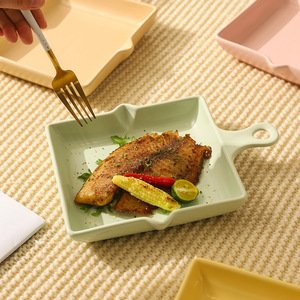 Plat à pizza et steak avec poignée, livraison gratuite, plat de dîner créatif sous glaçure pour la maison, joli plat à salade, en céramique. - Product Image 2