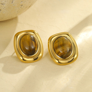 Women 18k Gold Plated Hypoallergenic Stainless Steel Vintage Tiger's Eye Green <strong>Jade</strong> Stone Stud <strong>Earrings</strong> Fancy Indian Jewelry - Product Image 2