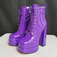 Nouveau style brevet brillant matériau bout carré double couches plate-forme bottes à talons hauts à lacets bottines femmes
