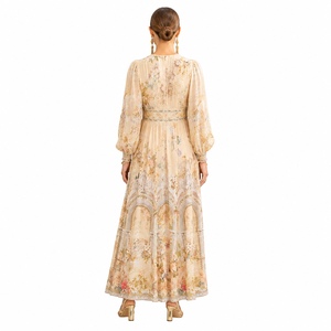 Abito <span class=keywords><strong>Lungo</strong></span> da Donna con Scollo a V, <span class=keywords><strong>Maniche</strong></span> a Lanterna, Stampa Floreale di Lusso, in Chiffon, Stile Boho Chic Elegante - Product Image 4
