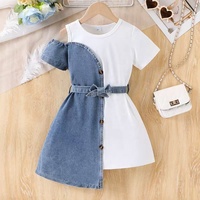 Ensemble de vêtements pour enfants en deux pièces, robe courte à manches courtes en denim patchwork de style européen/américain + ceinture