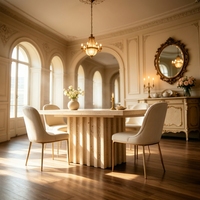 Table de salle à manger moderne en marbre travertin beige à plateau rond et rainuré, 4 places, portable, imperméable et durable