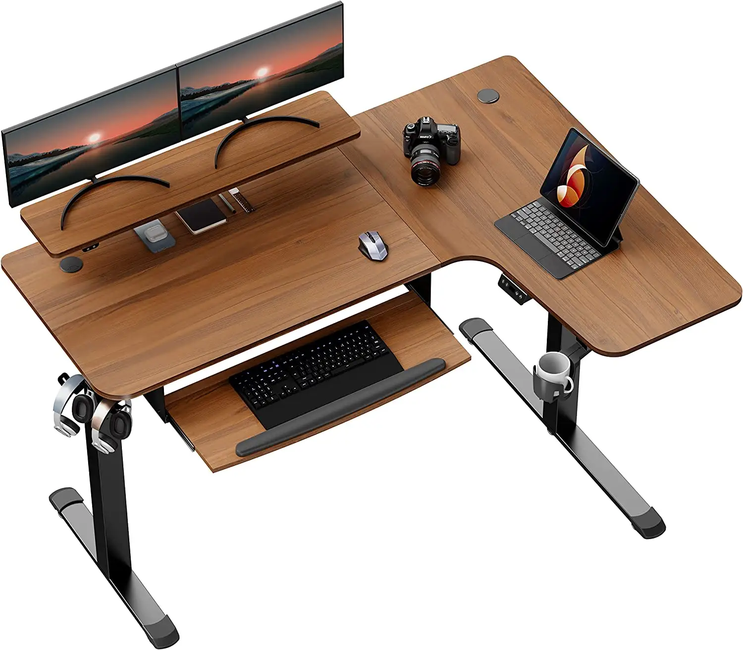 61" L-Shaped Electric Height Adjustable Desk W Keyboard Tray, Electric Standing Office Computer Desk W Monitor Stand, Walnut/R