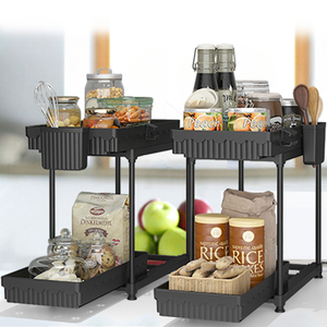 Organizador debajo del fregadero para espacios estrechos, estante de plástico de 2 niveles <span class=keywords><strong>con</strong></span> cesta mediana, espacio eficiente - Product Image 5