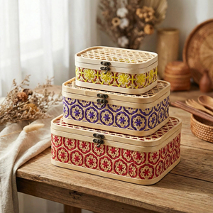 Woven Bamboo Storage Box with Lid Boho Home Decor Natural Rectangular Basket for <b>Shelf</b> Colorful Geometric Pattern Organizer Viet - Product Image 6