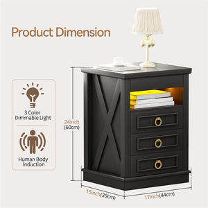 Rustic Farmhouse 3-laci meja samping tempat tidur Sensor gerak lampu LED stasiun pengisian daya meja dengan laci - Product Image 2