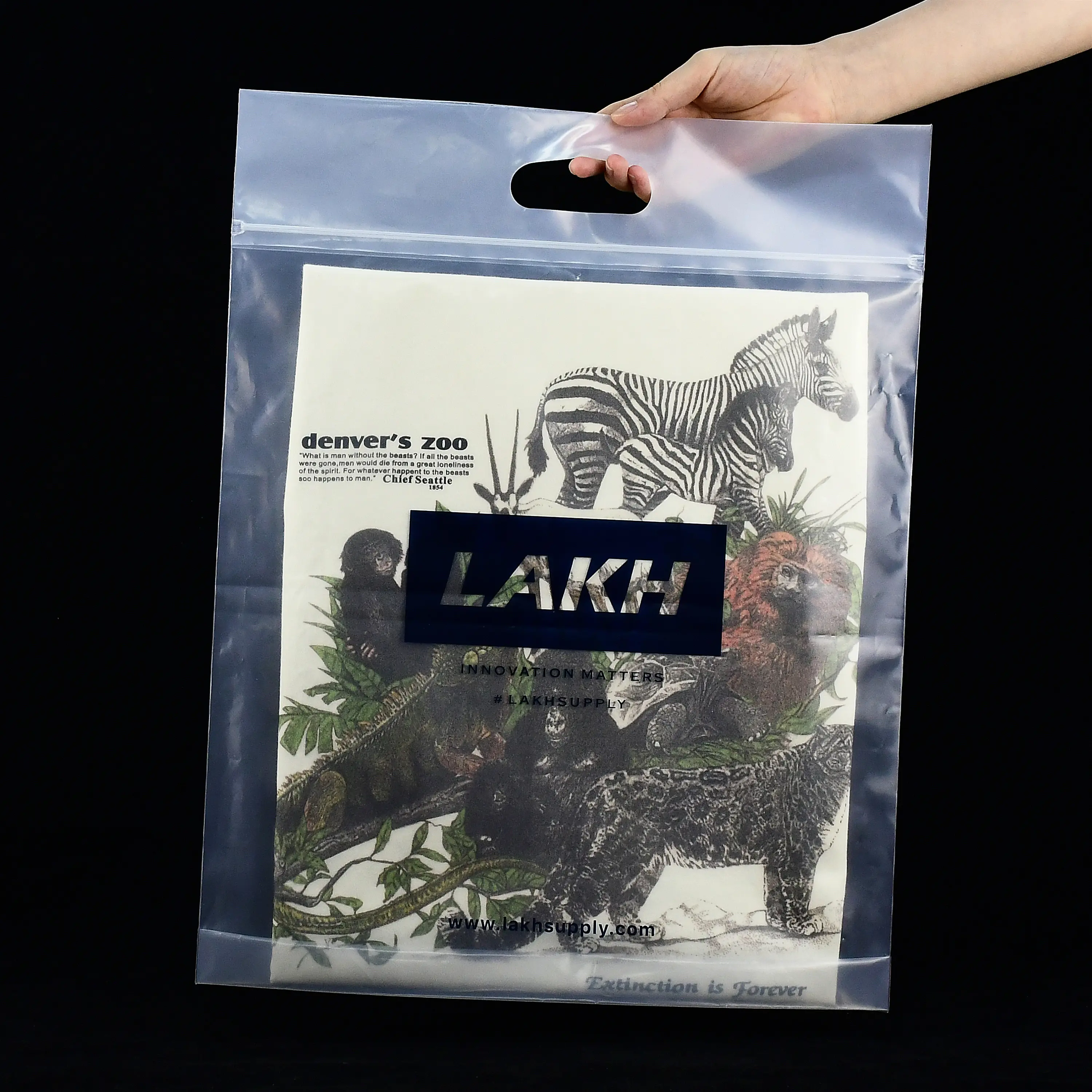 Bolsa Ziplock de compras gruesa con sello transparente troquelado con logotipo de impresión personalizada, asa reforzada, cierre de cremallera transparente troquelado de plástico PE con