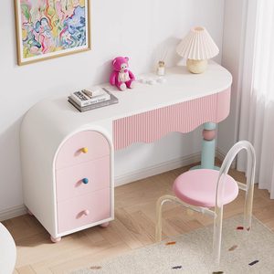 Cream Pink Modern Vanity Table, Cute Wavy Makeup <strong>Desk</strong> For Kids &amp; Teens <strong>Bedroom</strong> Furniture - Product Image 6