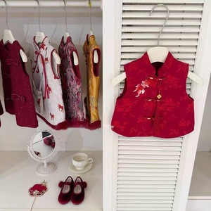 Tongxingyuan Baby Girls Red Chinese Style Vest Skirt Set Thickening Floral Winter Outfit - Product Image 3