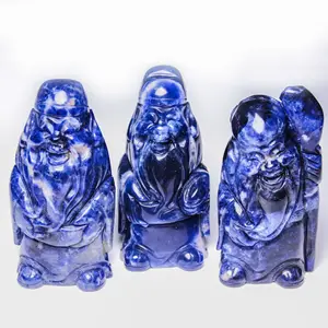 Grandes figurines sculptées en pierre Sodalite boho, Sculpture Fu Lu Shou, trois étoiles porte-bonheur, pour la décoration du jardin du Temple