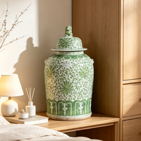 Pot à couvercle en porcelaine chinoise vintage vert et rouge sous glaçure, fait main, motif floral, pour la décoration intérieure
