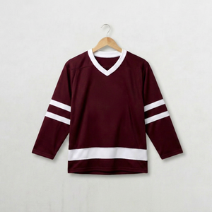 เสื้อฮอกกี้น้ำแข็งลายทางสีแดงเลือดหมูและสีขาว ผ้าโพลีเอสเตอร์ 100% สำหรับฤดูร้อน คอวี แขนยาว ระบายเหงื่อได้ดี ป้องกันแบคทีเรีย สำหรับนักกีฬา - Product Image 1