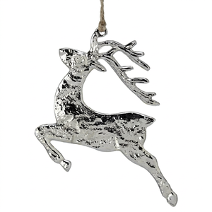 Adorno navideño de reno de aluminio fundido martillado plateado. Elegante silueta de reno saltando con astas detalladas y ramificadas. - Product Image 1