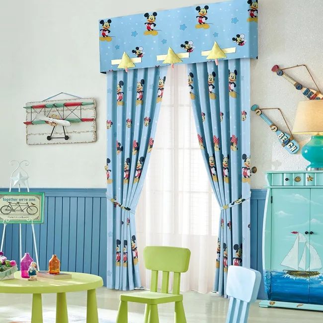 Fancy linen print blackout blue cartoon curtain for children room