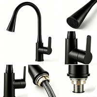 Robinet de cuisine monocommande en acier inoxydable 304, à montage sur plan, avec douchette extractible, col de cygne flexible, noir mat, valve en céramique