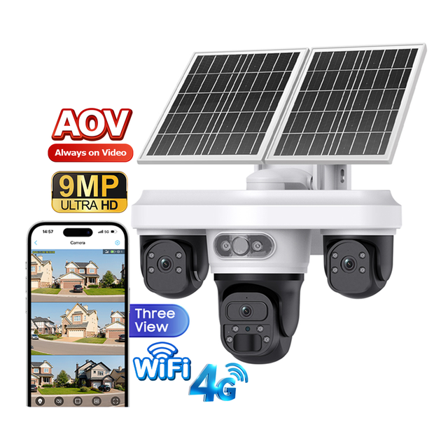 12MP Solar CCTV Multi Lens 360° PTZ Waterproof Outdoor Security Camera with AI Human Detection IP66 WiFi 4g