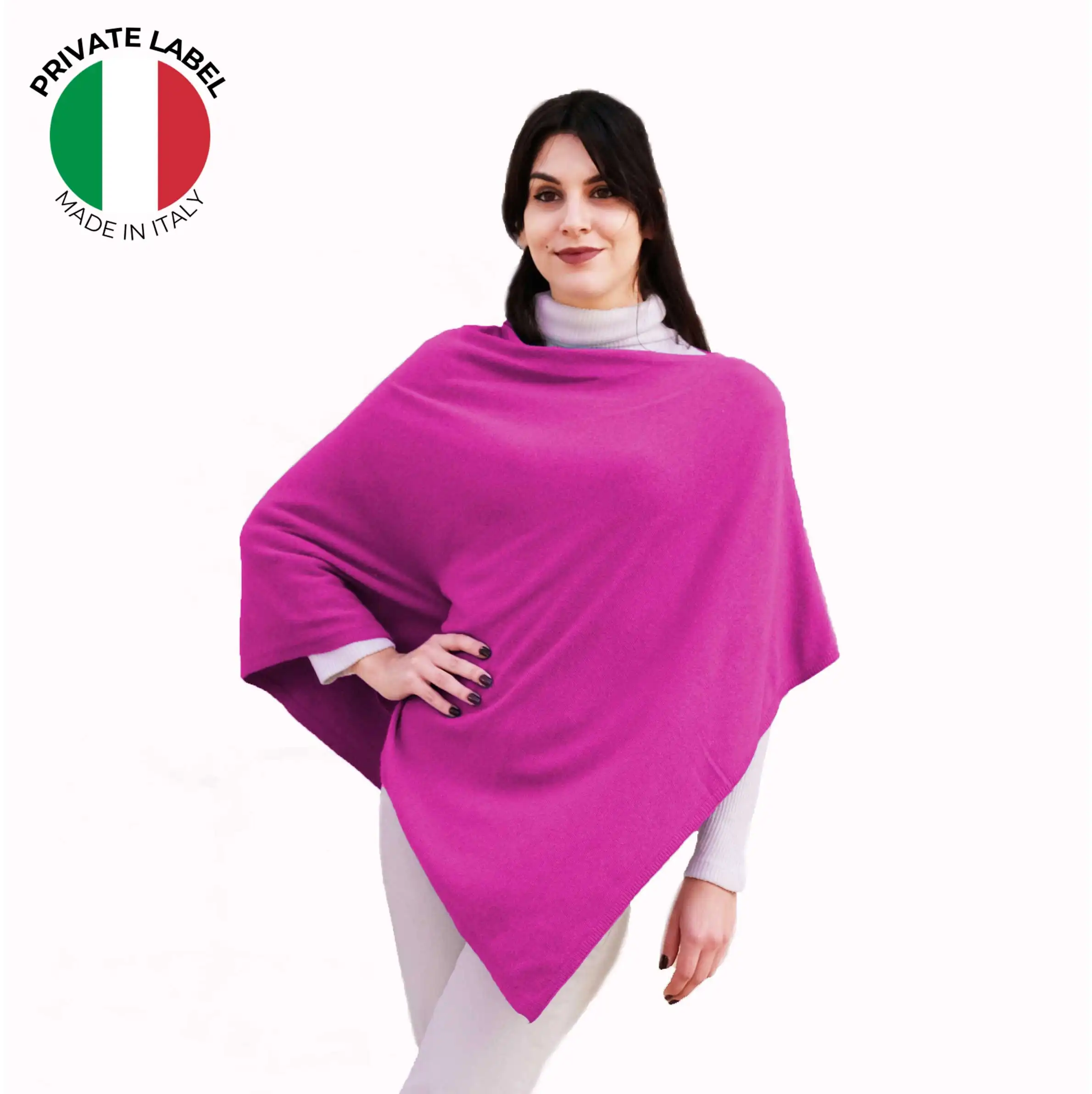 Custom Made in Italy Wool and Cashmere Sweater Wholesale Women Clothing Stole for Autumn Winter One Size Fuchsia Poncho