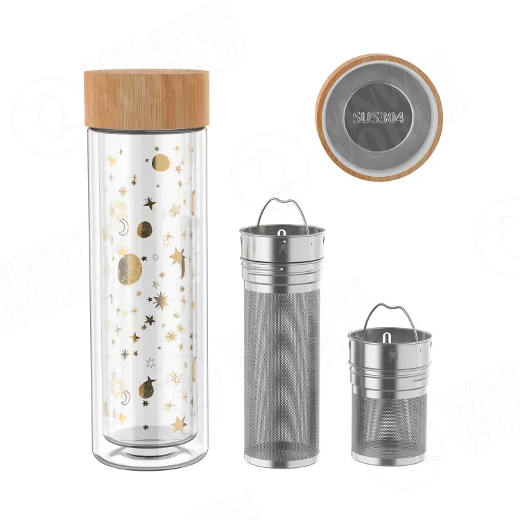 Borosilicate Frosted Dubbel Glas Water Fles Plastic En Bamboe Glas Tumbler Thee Infusers