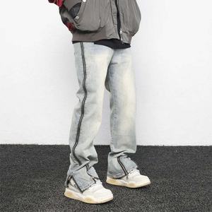 Unisex Light Fashion Side Zip Detail Denim <b>Pants</b>, Distressed Vintage Washed Straight-Leg Jeans for Streetwear Daily Casual Wear - Product Image 4