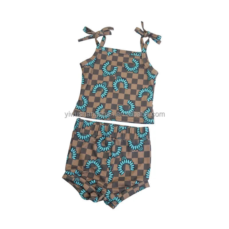 OEM personnalisé Western Turquoise Plaid motif imprimé tissu côtelé cravate gilet et short bébé vêtements ensemble enfants filles tenues