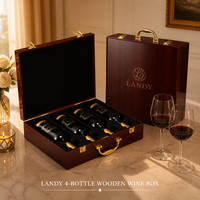 Boîte cadeau en bois rectangulaire de luxe gravée pour 4 bouteilles de vin avec poignée, emballage haut de gamme en placage MDF pour cadeaux d'affaires et de fêtes