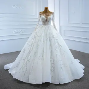 2023 नई दुल्हन मुख्य शादी की पोशाक स्वभाव शादी साटन ट्रेन पोशाक फैशन वि गर्दन कढ़ाई दुल्हन शादी की पोशाक