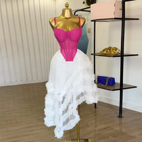 Ensemble 2 pièces pour femme : Haut corset à fines bretelles et jupe longue en tulle à volants avec plumes, couleur contrastante, pour soirée et fête
