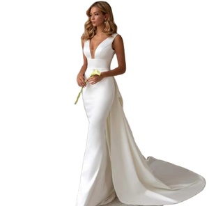 Vestido de Novia Ligero Sencillo Estilo Francés <span class=keywords><strong>Hepburn</strong></span> con Cola Larga para Novia Nueva Estilo Coreano sin Mangas Blanco - Product Image 1