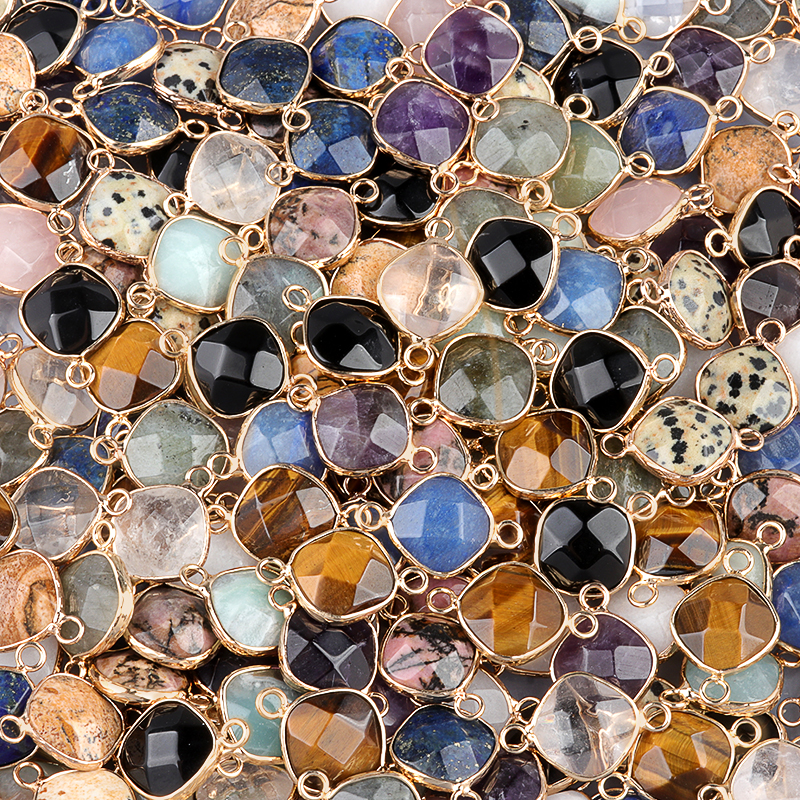 Natural Crystal Agate Obsidian Stone square Cut Double Loop Connector for Accessory Charm Pendant DIY Jewelry Making Components