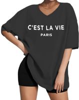 Camiseta de manga corta con cuello en V de gran tamaño para mujer, camiseta estampada Vintage de algodón de punto de alta calidad personalizada, ropa de mujer