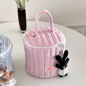 Custom Label Logo Cotton Cylinder <b>Bag</b> 7 Inches Plaid Printing Makeup <b>Bag</b> for Women New Design Zipper Closure Bucket <b>Bag</b> - Product Image 2