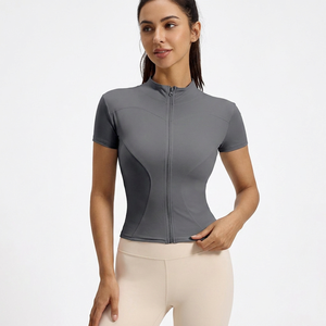 Wholesale Women <b>Zip</b> Stand Collar Short Sleeve Yoga Crop Jackets Slimming Full <b>Zip</b> Athletic <b>Tops</b> Quick Dry Gym Fitness Activewear - Product Image 1