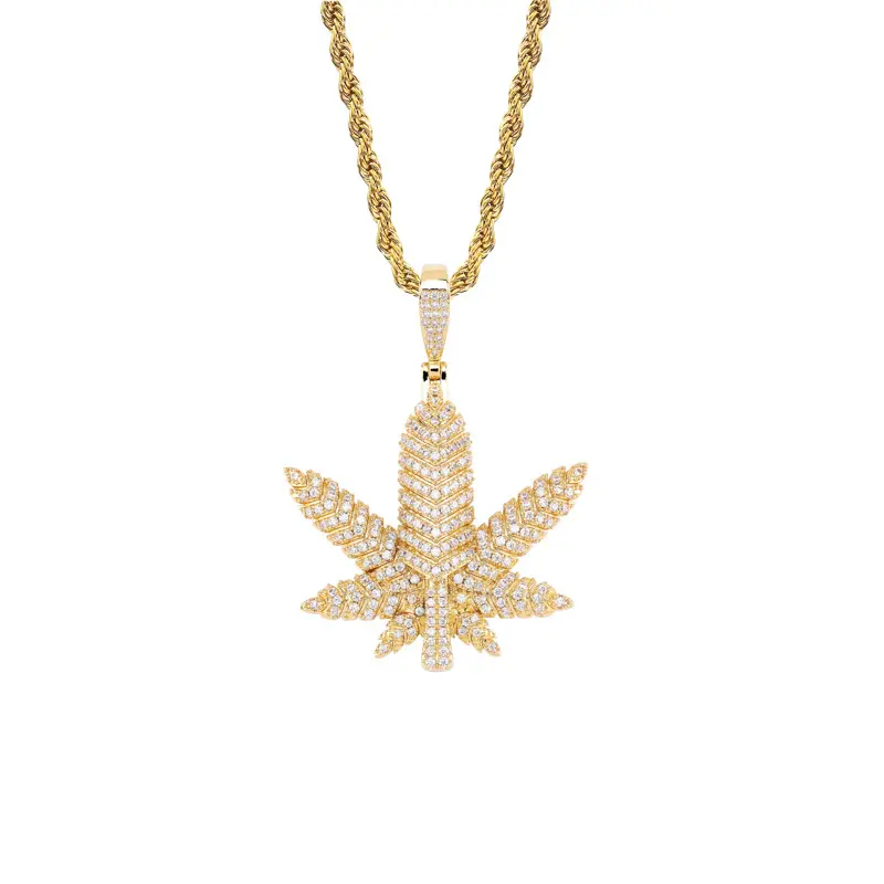 Luxury Hiphop Hot Sale New 18K Gold Plated Iced Out Bling CZ Hemp Necklace Full Diamond Maple Leaf Pendant