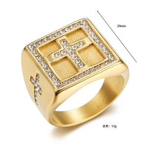 Bague Croix Homme en Acier Inoxydable PVD Or, Style Hip Hop Bling, avec Zircons Pavés, Motif Chrétien Jésus, pour Soirée - Product Image 6