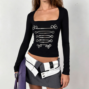 T-shirt pour femme à col carré et manches longues, broderie de sequins, coupe ajustée, tricot extensible, style Y2K gothique vintage, streetwear décontracté - Product Image 3