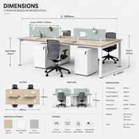 Poste de travail de bureau moderne pour 4 personnes face à face avec écran de séparation acoustique en tissu et armoire de rangement mobile