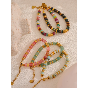 JINYOU 4037 Ethnic Style Colorful Natural Stone 18k Gold-plated <strong>Beaded</strong> <strong>Bracelet</strong> Handmade Stainless Steel <strong>Beaded</strong> <strong>Bracelet</strong> Women - Product Image 4