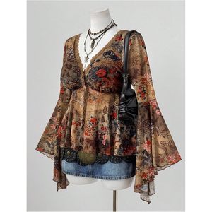 Women's Plus Size Bell Sleeve <b>Top</b> V Neck Floral Print Boho Chiffon <b>Flowy</b> Empire Waist Long Sleeve Shirt - Product Image 5