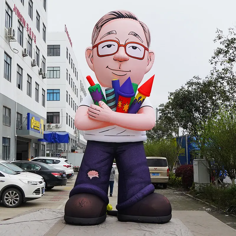 Lovely oxford Outdoor Giant Advertising custom Inflatable Cartoon Uncle holding fireworks mascot with LED light for decoration