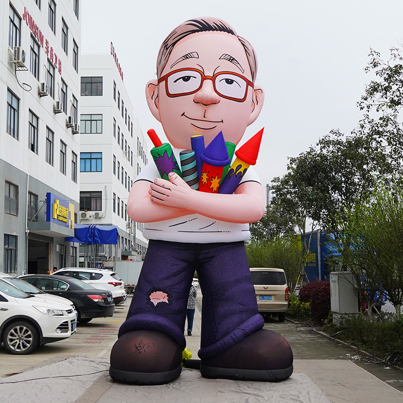 Lovely oxford Outdoor Giant Advertising custom Inflatable Cartoon Uncle holding fireworks mascot with LED light for decoration