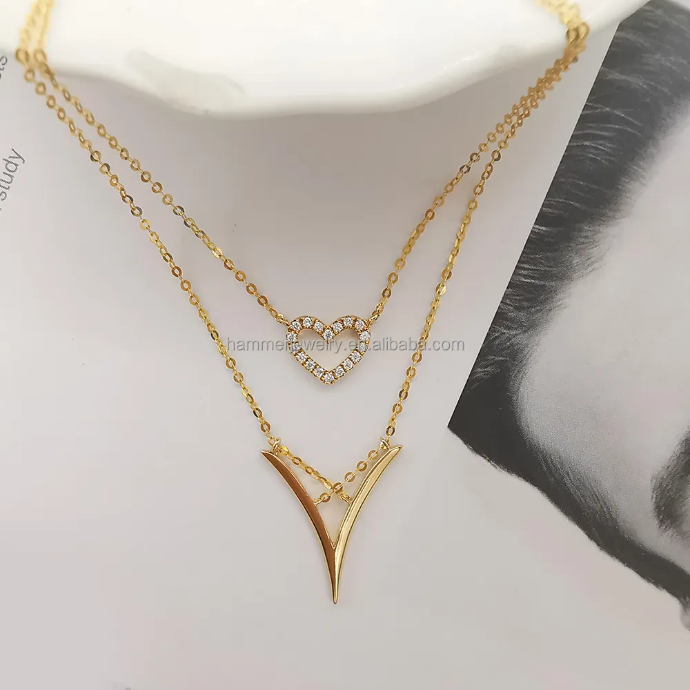 Gargantilha de ouro real 18K com corrente dupla e coração AU750 Desenho de moda colares femininos