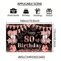 Bannière de décoration de fête d'anniversaire, taille facultative, thème ballon noir et rose, 80e anniversaire, fond de fête, décorations de fête portables