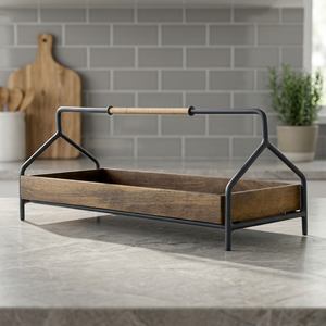 Plateau porte-bouteilles rustique en bois avec poignées en métal noir, organiseur décoratif pour bouteilles en verre, support de comptoir de cuisine style ferme - Product Image 5