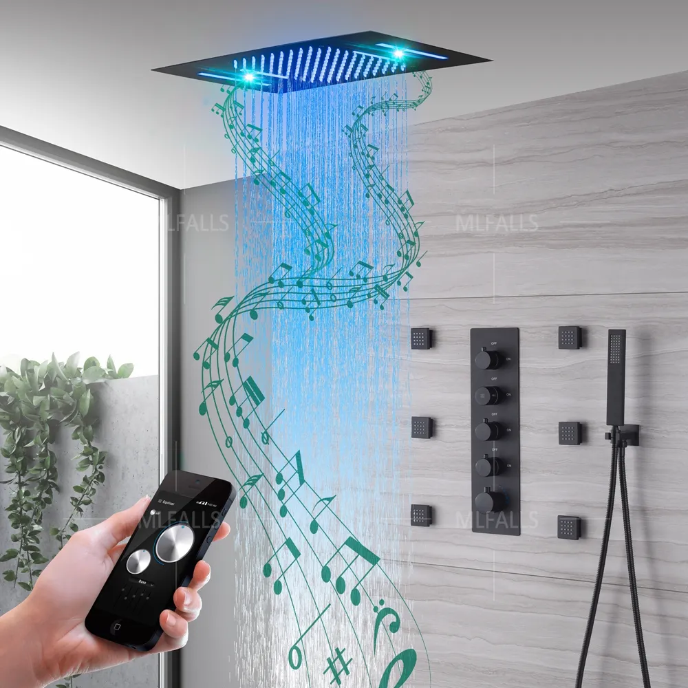 Роскошный термостатический светодиодный смеситель для душа «Водопад», набор с музыкой, настенный черный смеситель для душа